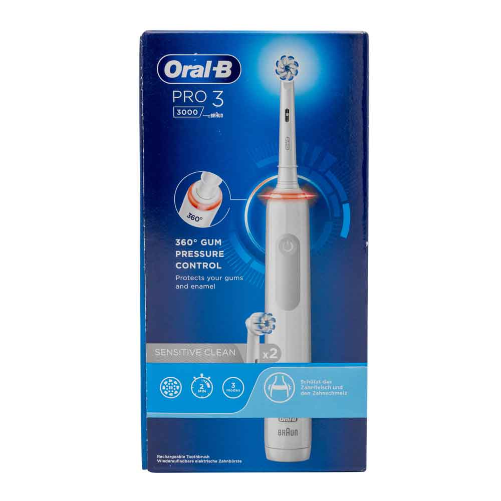Braun Oral-B PRO 3 3000 mit 2 Sensitive Clean Aufsteckbürsten, weiß Braun Oral-B PRO 3 3000 mit 2 Sensitive Clean Aufsteckbürsten, weiß